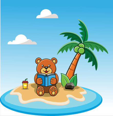 Happy Little Bear reading a book on summer beach island Vector illustration in flat. summer holiday vacation.のイラスト素材