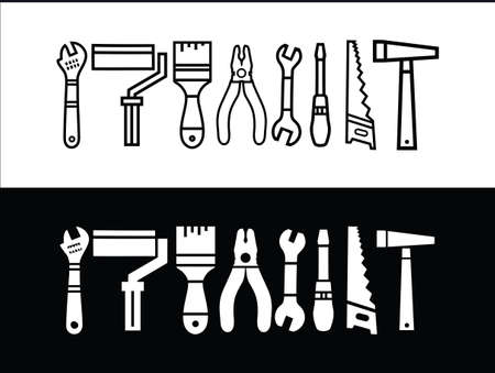 Working tools handyman icon collection. Repair and construction tools collection Vector Stock illustration. Silhouette building tool set drawing plan layout Vector.のイラスト素材