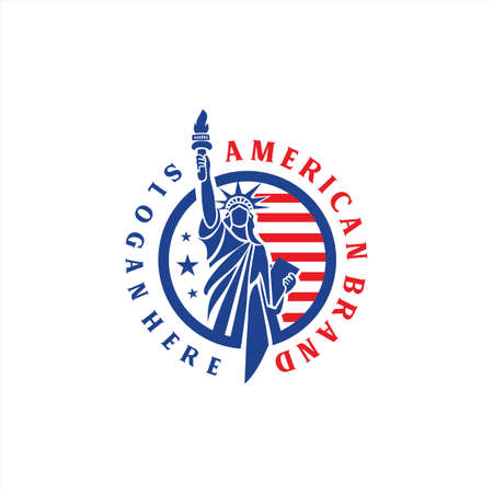 Creative logo with Statue of Liberty and US flag design illustration. Independence day. National holiday flat designのイラスト素材