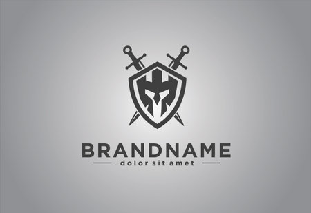 spartan helmet in shield and cross sword logo vector illustration silhouette black. template logo for military, armory, company, team, gameのイラスト素材