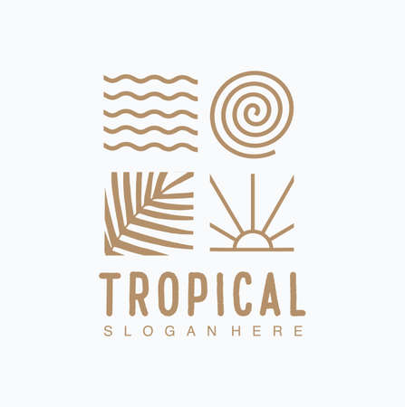 Water Sun and Leaf Nature Logo and Symbols Stock Vector Illustration of ocean. Beach Logo Tropical Island Summer Vacation Vector Art Templateのイラスト素材