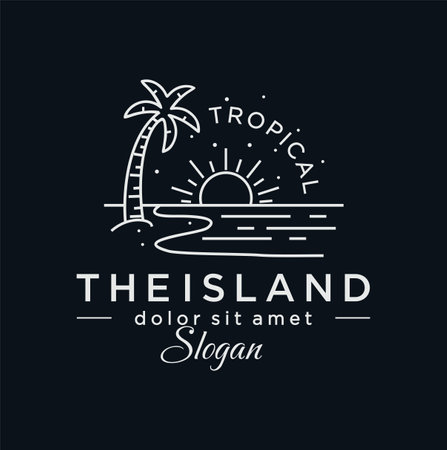 Minimalist palm sunset sunrise beach logo design Line art icon vector illustration. beach waves on tropical islands, beach line art style coconut design Graphic inspiration creative tattoのイラスト素材