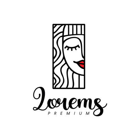 Beauty lady logo design template. abstract hair icon line art vector illustration of beauty women with abstract hairのイラスト素材