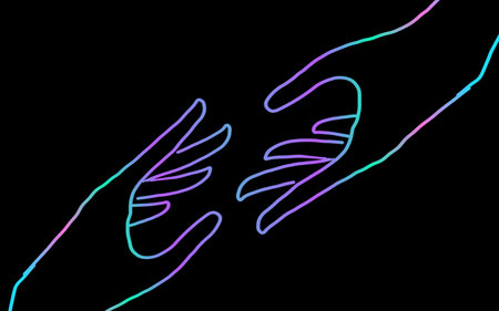 two hands holding each other with pink and blue neon lines on a black backgroundの写真素材