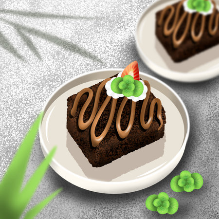Chocolate cake with cream and mint on a plate. Vector illustration.