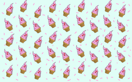 Seamless pattern with pink ice cream on a blue background.の写真素材
