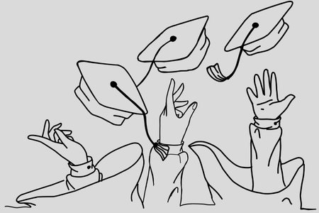 Hand drawn illustration of a group of students throwing hats in the airの写真素材