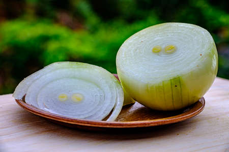 small pieces and large pieces of onion in a wooden textured container on a nature backgroundの写真素材