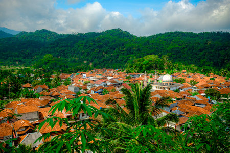 View of a town with many houses and buildings, surrounded by green trees and mountains.の写真素材