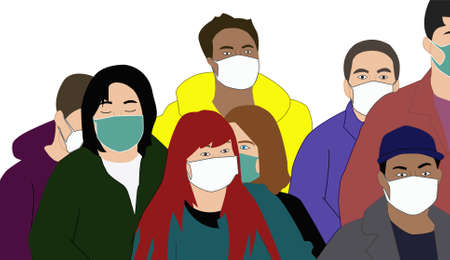 eight people of different appearance, gathered, wearing face masks, on a white backgroundのイラスト素材