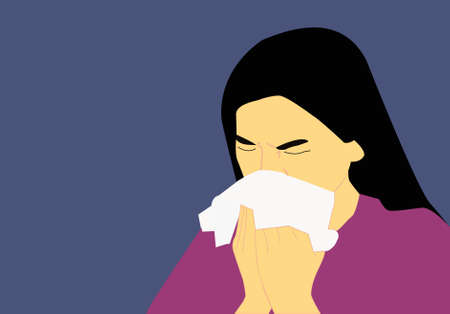 woman with black hair and light skin, with closed eyes, sneezing on a white scarf, with blue backgroundのイラスト素材