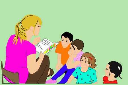 woman with blond hair and light skin, sitting on a chair, holding a children's book with her right hand, reading it to three girls and a boy sitting in front of her on children's book dayのイラスト素材