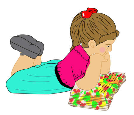 Representation of International Children's Book Day, girl with brown hair and light skin, lying on her stomach reading a bookのイラスト素材