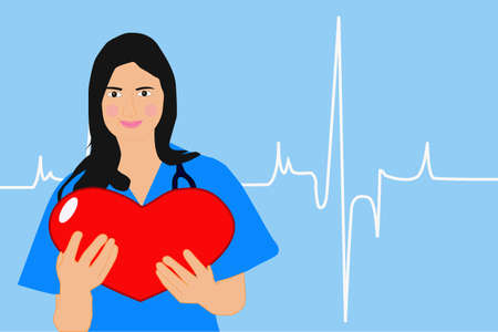 commemoration of world health day, black-haired nurse holding a heart with both hands and symbol of vital signs in the backgroundのイラスト素材