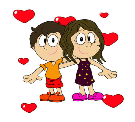 Cartoon of boy and girl hugging, happy, with hearts behind, on a white background.のイラスト素材