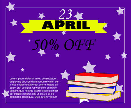 50% discount poster on International Book Day, with purple background and stars, black letters, yellow ribbon with the text April and four books on the frontのイラスト素材