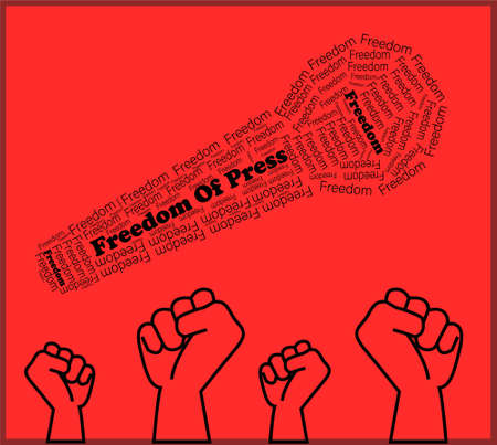 International press freedom day, word press freedom, forming a microphone with hands clenched underneath, on a red backgroundのイラスト素材