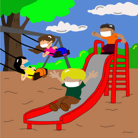 four children, in the park, having fun with outdoor games, on a slide and a swing, using face masks as preventionのイラスト素材