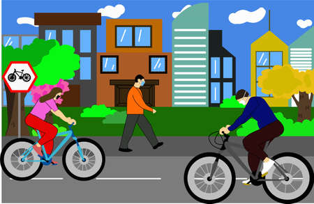 Outdoors, people enjoying the park, with buildings in the background, walking and riding a bicycle, wearing a face mask as preventionのイラスト素材