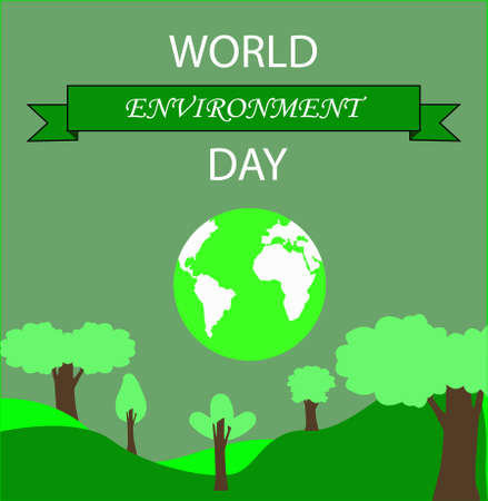 environment day, illustration for environmental awareness, earth globe in the center, trees and mountains at the bottomのイラスト素材