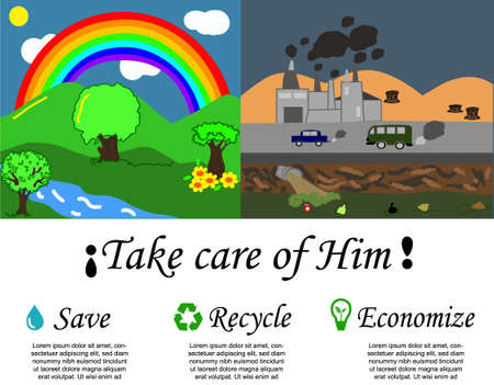 World environment day, illustration to raise awareness about caring for the environment, the box on the right shows a healthy and clean environment, the one on the left shows it damaged and pollutedのイラスト素材