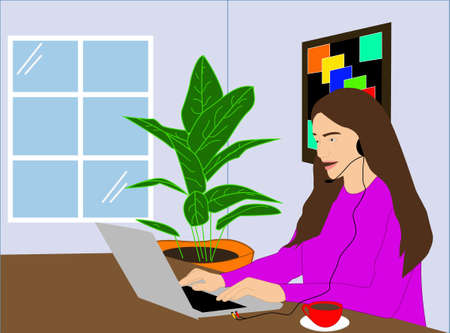 young woman who works from home, call center operator, attends to clients from the comfort of her home, respecting the new rules of social isolationのイラスト素材