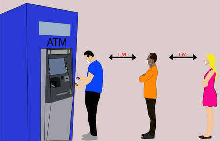 People queuing to withdraw money from the ATM, 2 of them wait while one withdraws their money,...