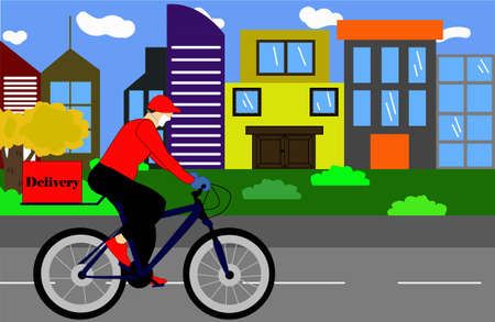 Home delivery. the man on a bicycle goes to make a delivery, respecting the new health standards and social distancing, with buildings and parks in the backgroundのイラスト素材