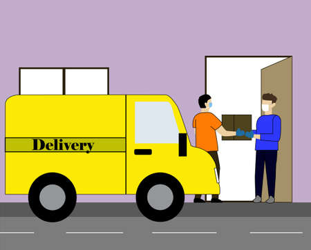 Man from a domicile company, going to make a delivery to a client's house, respecting the new security protocols against coronavirusのイラスト素材