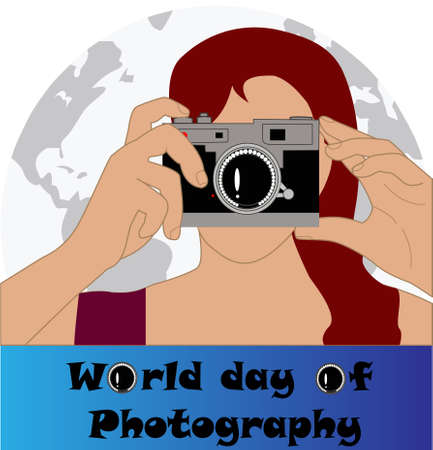Commemoration of world photography day, woman with an analog SLR camera, with the earth in the background and the text, world photography day, below, on a gradient backgroundのイラスト素材