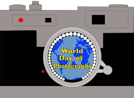 To celebrate World Photography Day, an analog reflex camera, with the globe reflected in the lens and the text, World Photography Day on theのイラスト素材