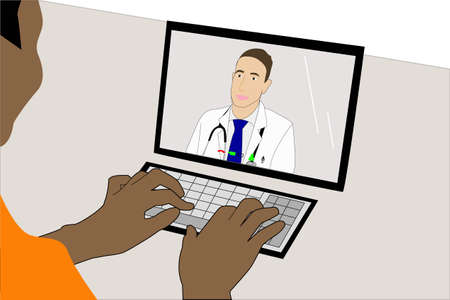 Man sitting in front of the laptop, making an online medical consultation with his doctor