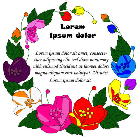 colorful design of flowers and branches forming a circle, greeting or greeting cardのイラスト素材