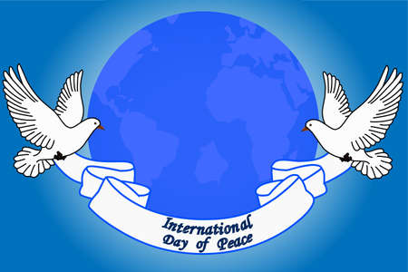 Celebration of the international day of peace, blue background with the earth in the center and two doves on each side, holding a ribbon that has the phrase, international day of peace written on itのイラスト素材