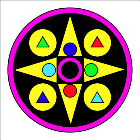 Vector illustration, based on the carmic wheel, two large circles, with triangles and small circles insideのイラスト素材