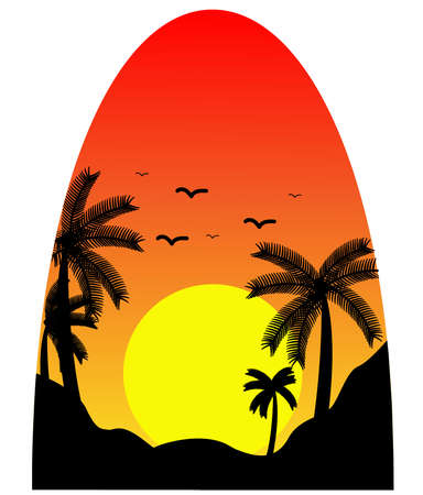 Vector illustration of a beach sunset, four palm trees on a mountain, the sun at sunset behind the mountains and birds in the skyのイラスト素材