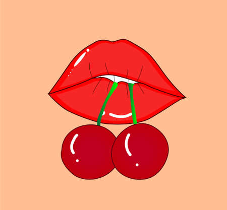 Vector illustration of animated red lips, holding two cherries between its teeth, with a skin-colored backgroundのイラスト素材