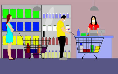 Vector illustration, making purchases in the supermarket, a man and a woman making purchases, being attended by the cashier, respecting the limit of social distancing, with all bio security measuresのイラスト素材