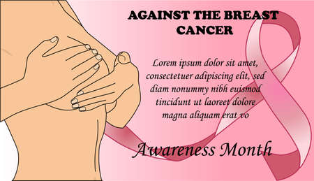 Breast cancer awareness vector illustration, woman checking her breast, pink ribbon on the right side and text against breast cancerのイラスト素材