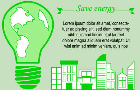 Vector illustration to raise awareness about saving energy, giant light bulb with map inside, buildings on the right side, light green background and textのイラスト素材