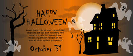 Celebration card for Halloween, scary gradient background, ghosts surrounding a dark scary house with the moon in the background and dry trees. Happy Halloween textのイラスト素材
