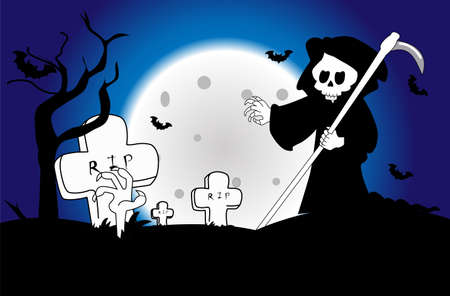 Vector illustration for Halloween day, dark and scary night, death prowling in a cemetery, the hand of a dead man coming out of his grave, moon in the backgroundのイラスト素材