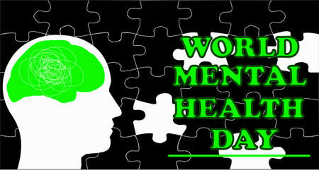 Vector illustration for world mental health day, brain inside a person's head, world mental health day text and background with puzzle figuresのイラスト素材