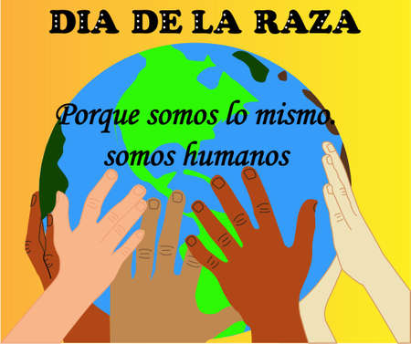 Commemoration of the day of the race hands of people of different races holding the terrestrial globe, with text in Spanish referring to the day and we are all equal. We are humansのイラスト素材