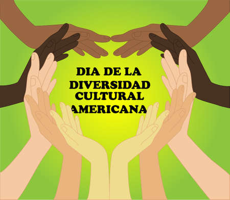 Vector illustration to commemorate the day of the race, hands of people of different races, forming a heart, and in the middle the phrase, day of American cultural diversity in spanishのイラスト素材