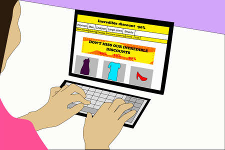 Vector illustration of a woman sitting in front of her laptop, making purchases on an internet site, with offers and discountsのイラスト素材