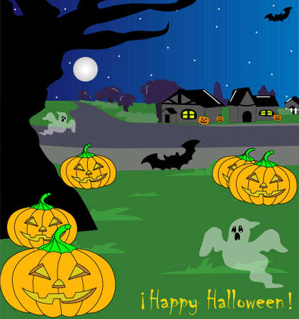 Vector illustration to celebrate halloween, garden in front with pumpkins, ghosts and bats, with the street and houses behind, dark night backgroundのイラスト素材
