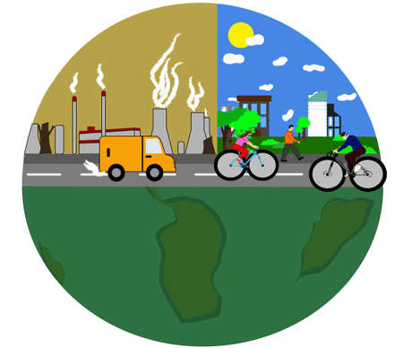 Vector illustration to raise awareness about the care of our planet, earth divided into two, where one side is healthy and the other damaged because of pollution, people cover themselves with masksのイラスト素材