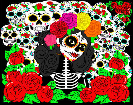 Vector illustration to commemorate the day of the dead, black background with colored decorated skulls, woman in disguise to celebrate the day and roses around herのイラスト素材