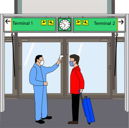 Vector illustration showing a part of the new normal in times of coronavirus, a man is at the airport being checked by someone from the airport staff, who takes his temperatureのイラスト素材